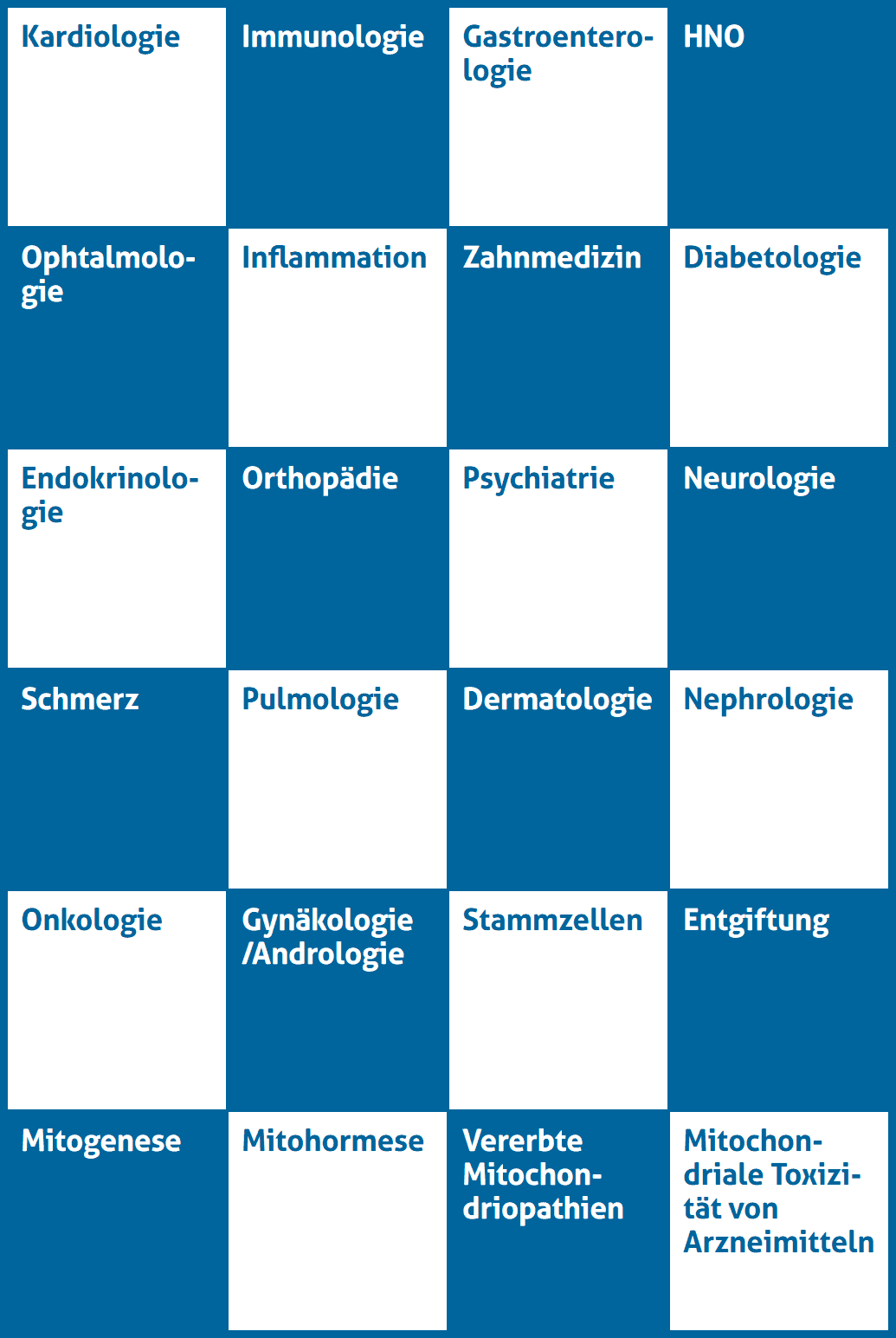 Das Schachbrett der Mitochondrialen Medizin mit allen 24 Fachgebieten